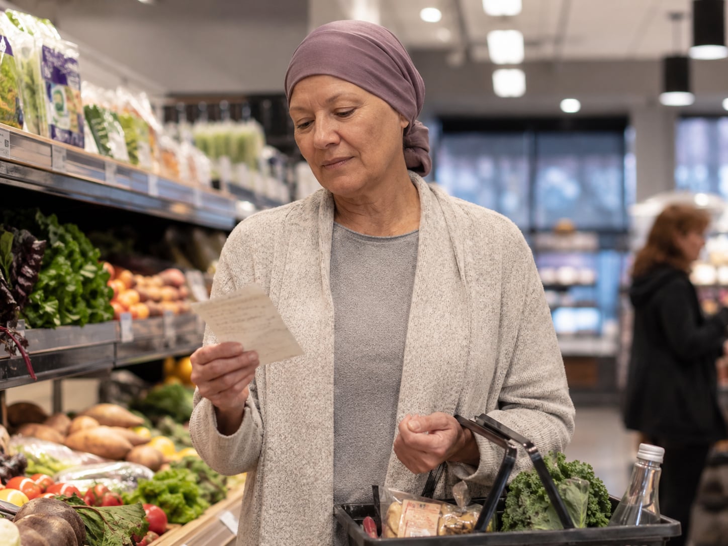 A woman in headscarf holds a paper while shopping in a grocery store