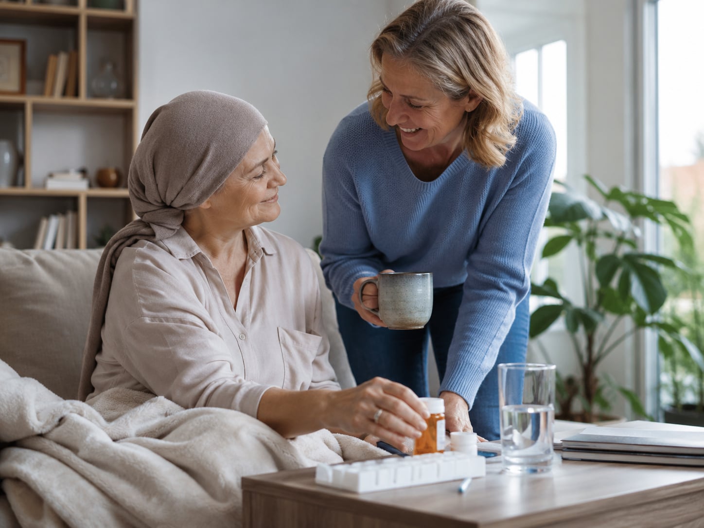 An older woman in headscarf and younger woman stand together holding mugs, smiling