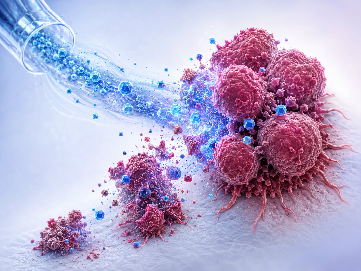 An illustration: 3D rendered cancer cell surrounded by blue immune or treatment cells