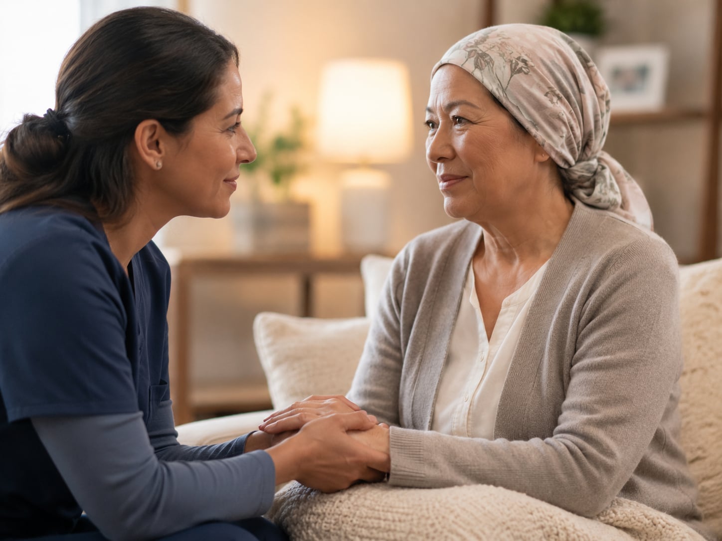 Two women sit on a couch at home talking and smiling