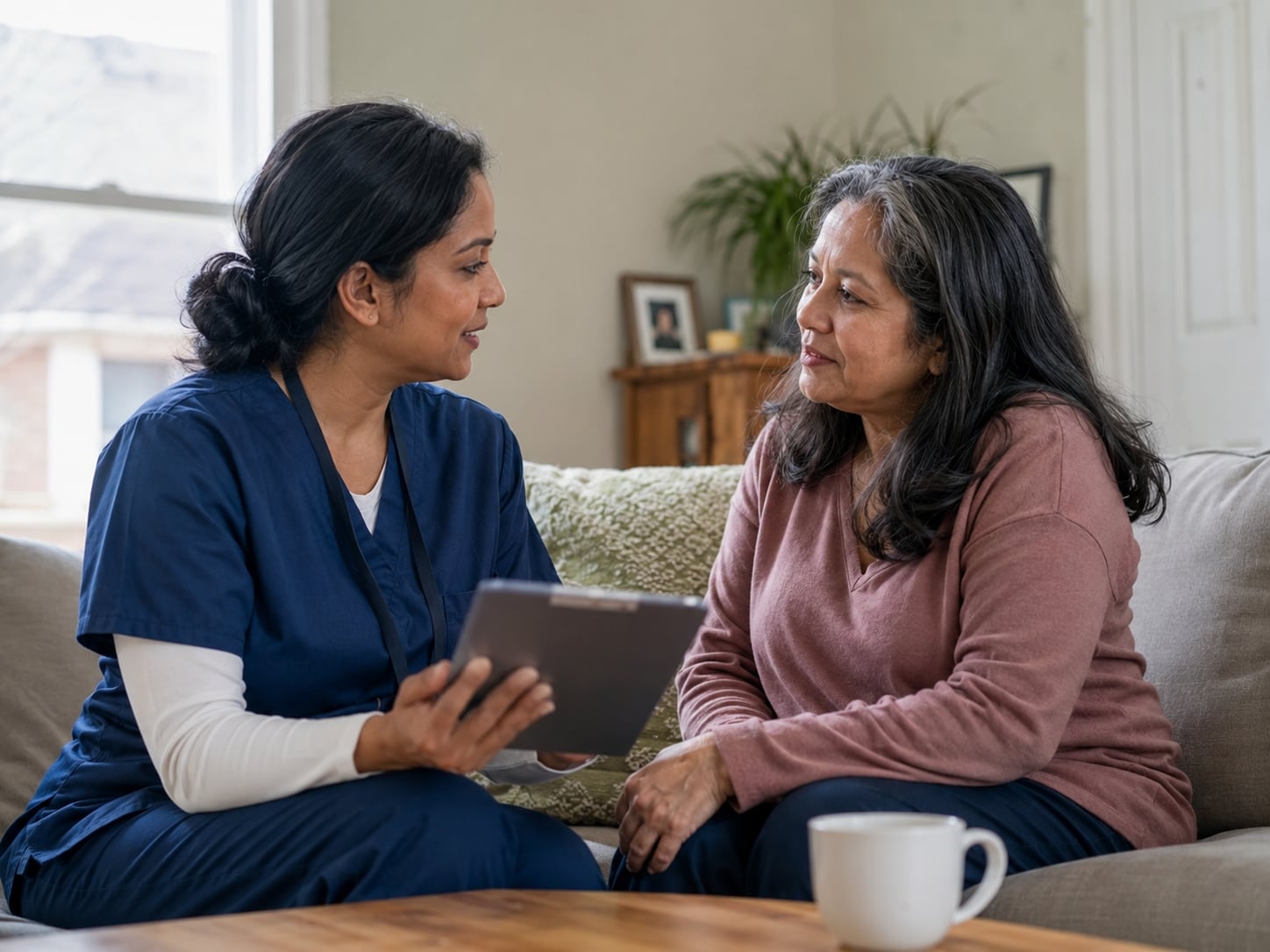 A female clinician with a tablet talks with an older woman on a couch