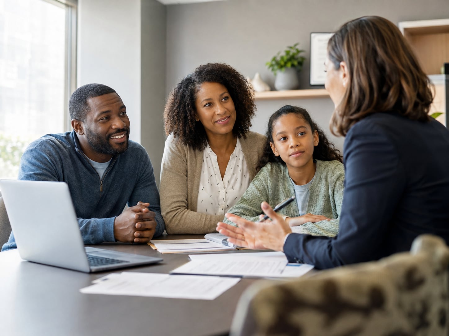 Parents and their daughter talk through next steps with a guide at a table