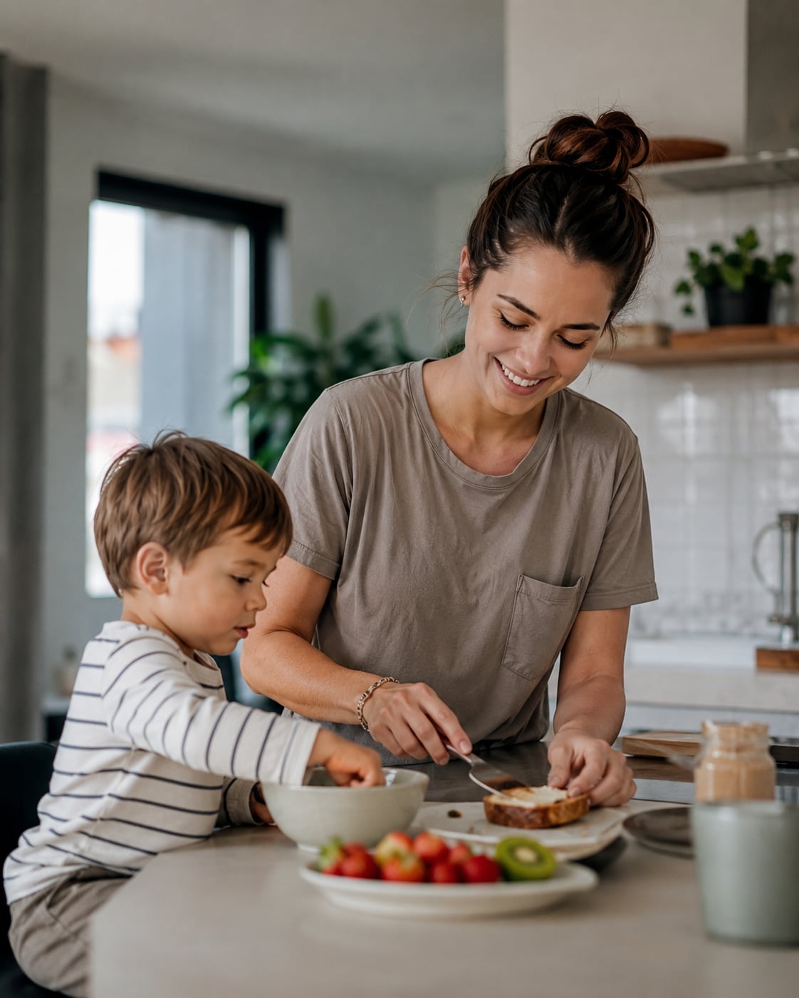 A smiling woman looks down at a young boy at home