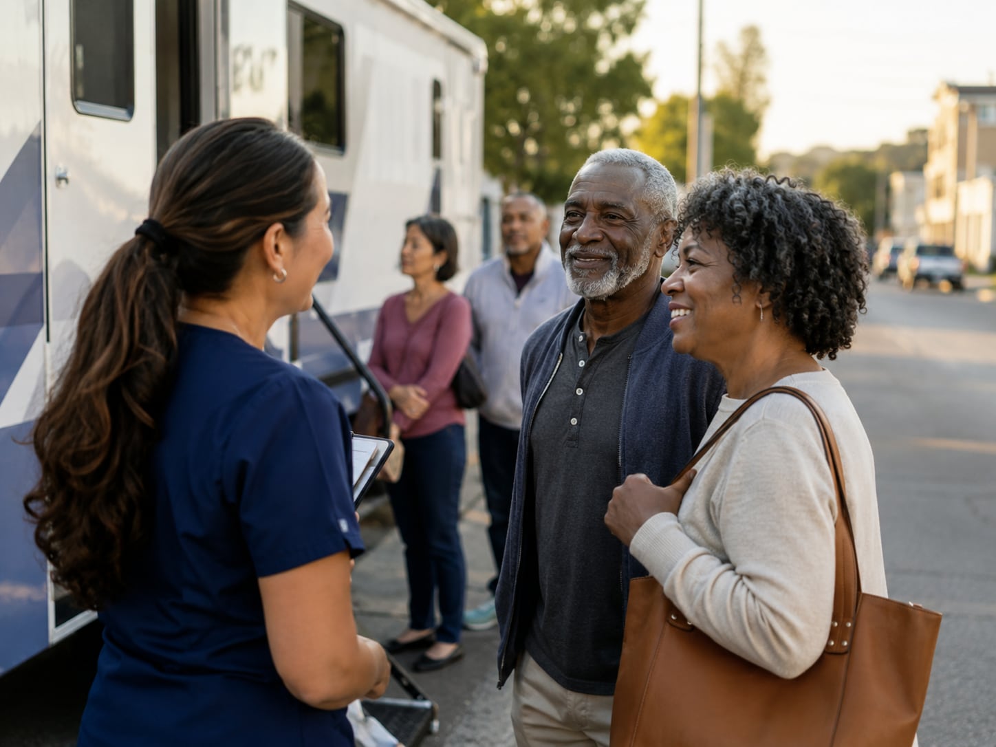 A nurse and older adults stand together outside near a mobile clinic vehicle