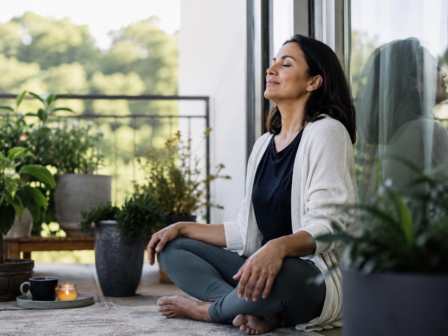Woman sits cross-legged with eyes closed on a rug beside a sunlit window and houseplants.