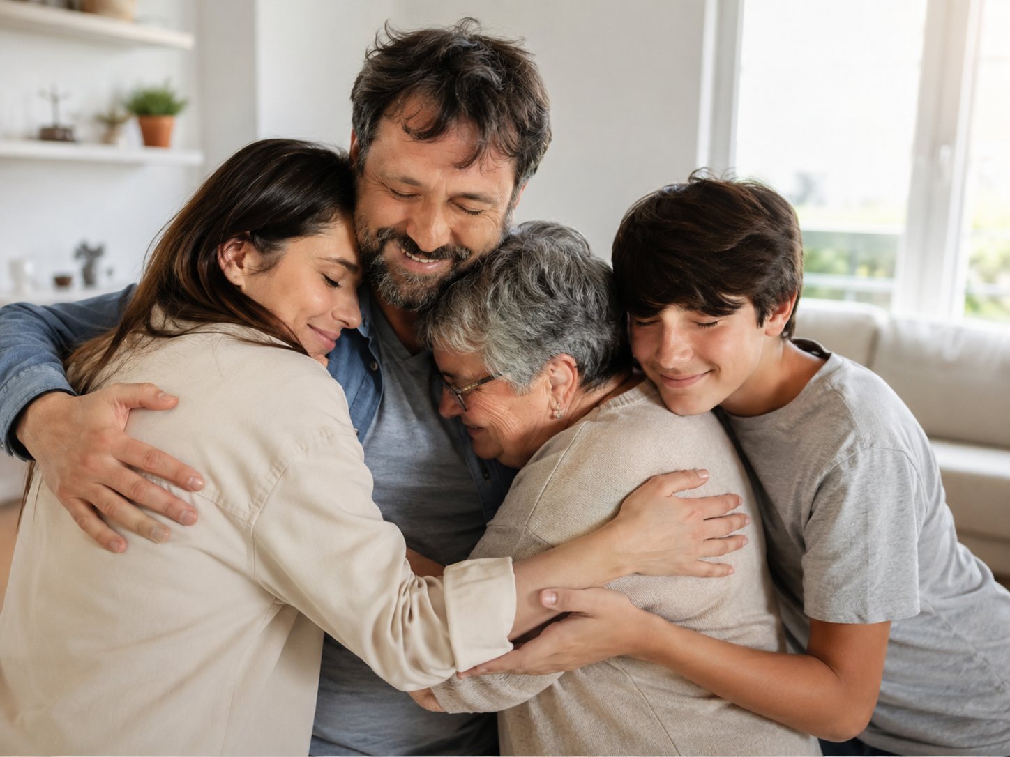 Four family members across three generations share a close group hug in a bright living room, smiling.