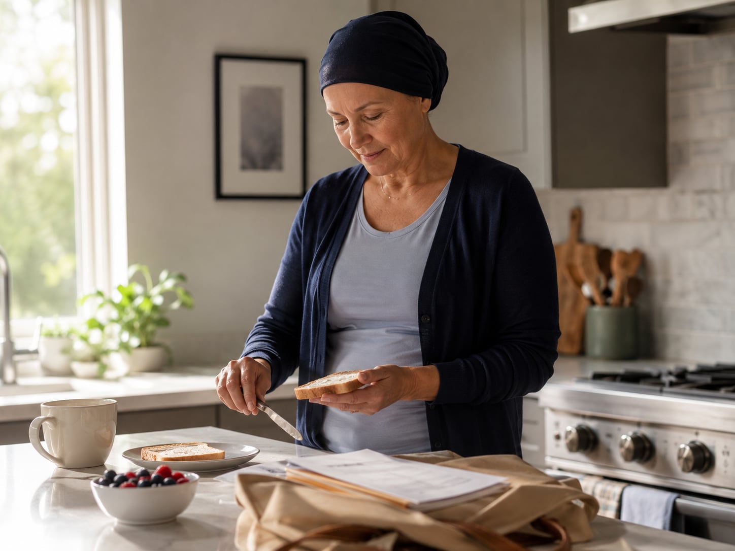 An older woman cooks or prepares food alone in a kitchen