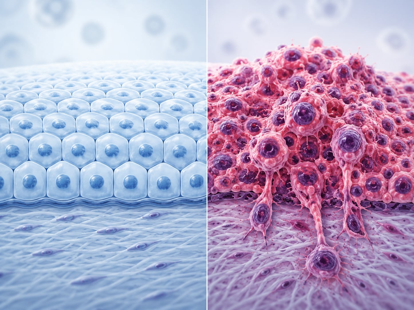 An illustration: split image comparing normal blue cells to pink cancer cells