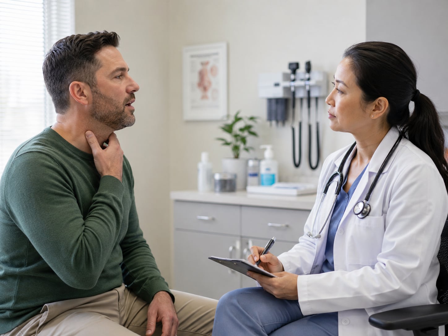 A man holds his throat while talking with a female doctor in an exam room