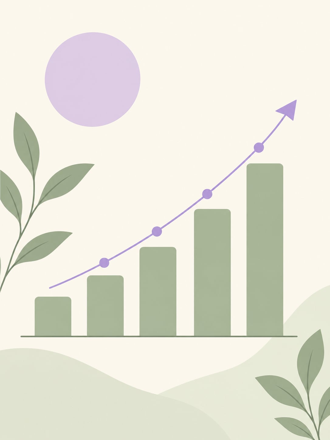 Flat illustration of an abstract upward bar chart rendered in soft pastel tones.