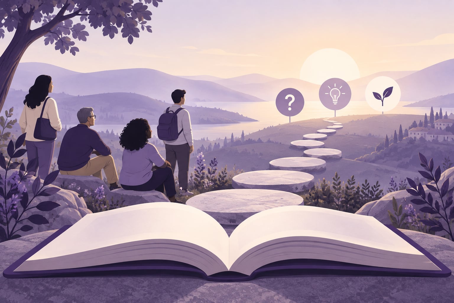 Illustration of four people looking out over a landscape from an open book, with stepping stones leading toward icons of a question mark, a lightbulb, and a growing plant.