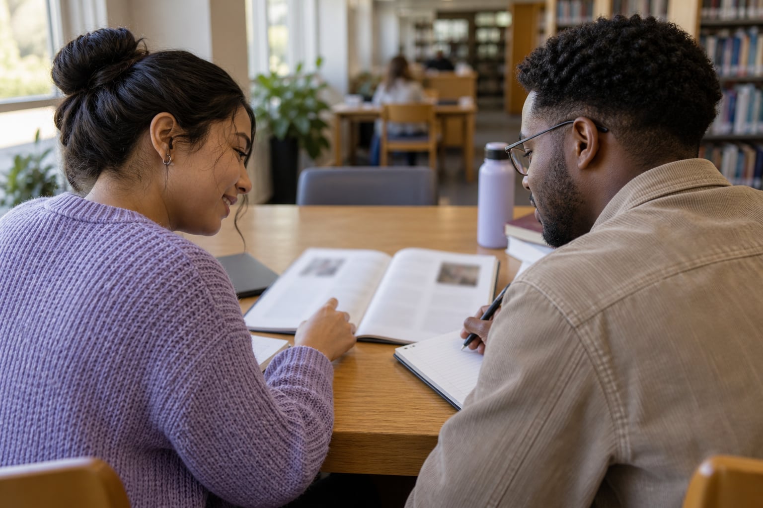 Two adults sit together at a library table, reading a guide and taking notes.