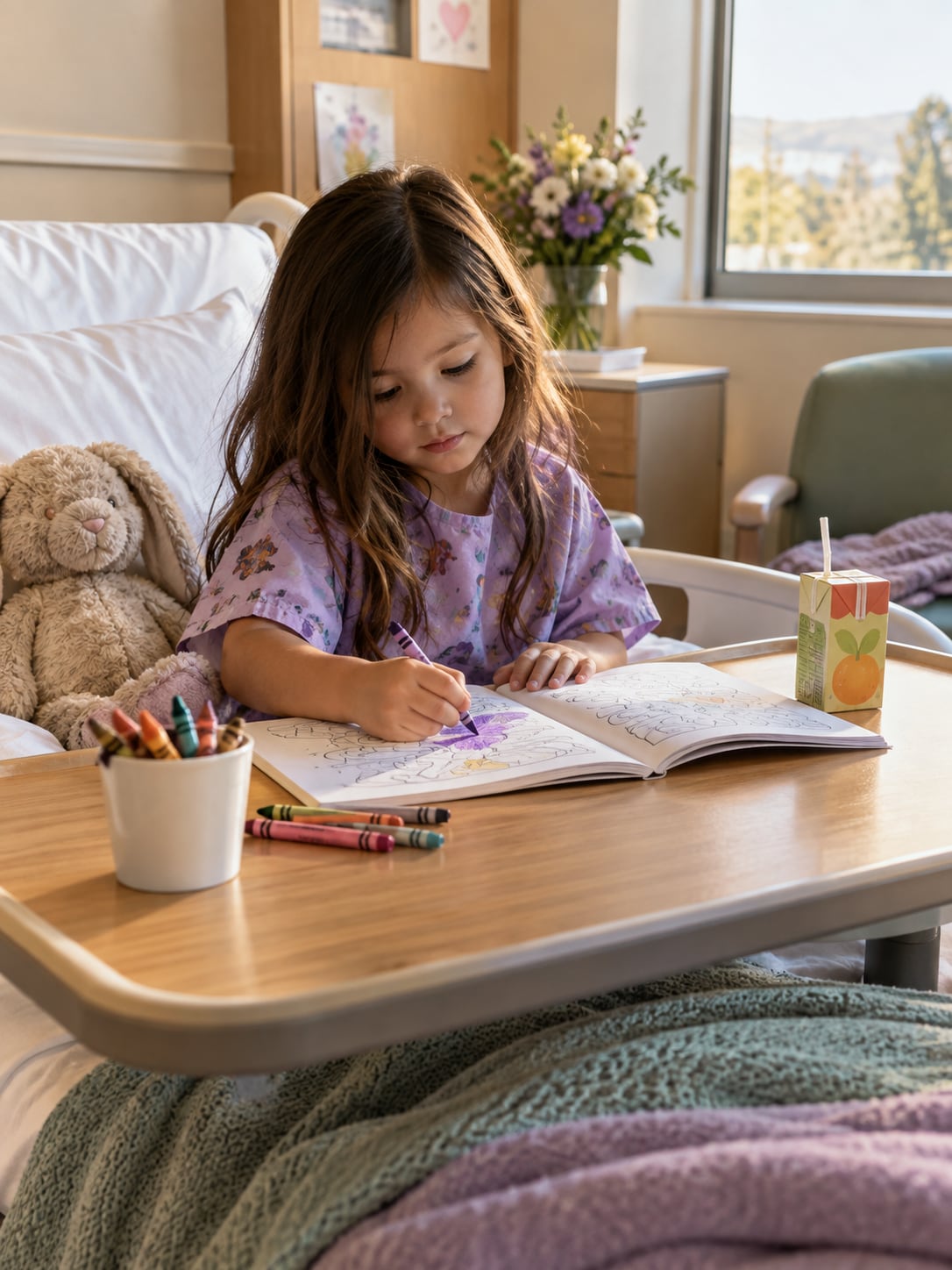 A hospital tray table with a coloring book, crayons, and a juice box.