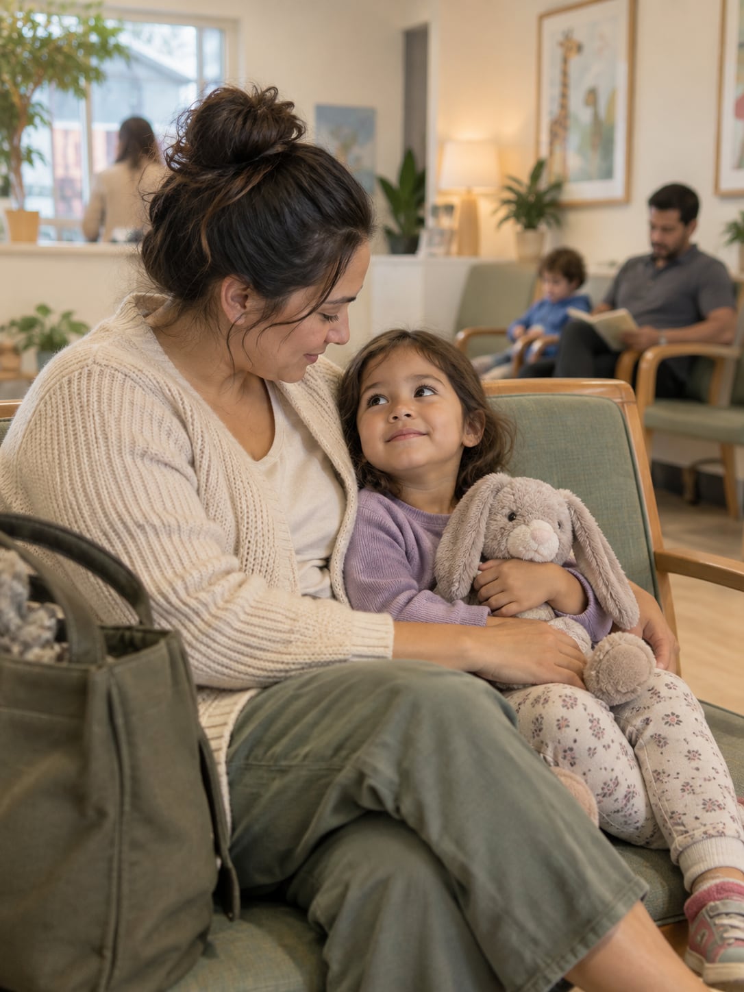 A parent and child sit in a pediatric clinic waiting room, the child holding a stuffed animal.