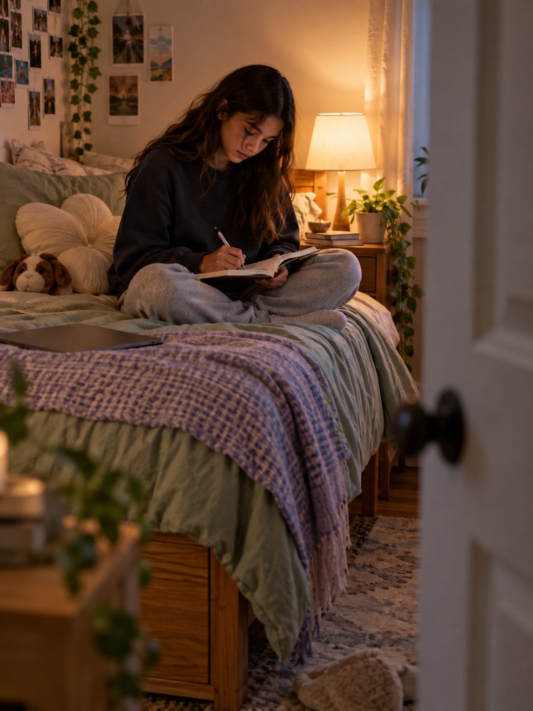 A teenager sits alone writing in a journal in their bedroom, evening lamp light, door slightly open.