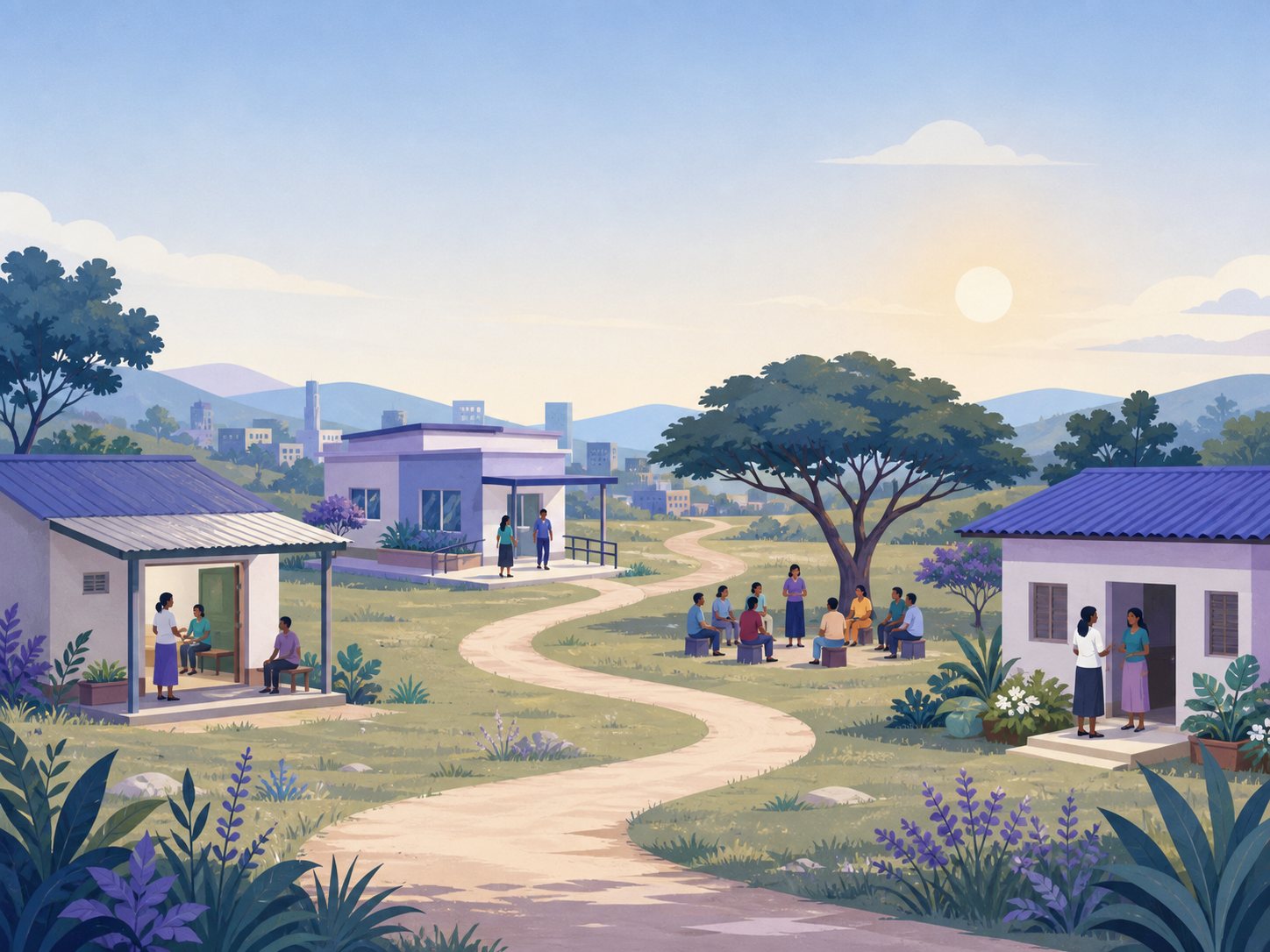 One continuous landscape linking a rural health post, an urban clinic, an open-air community gathering and a home visit along a winding path.