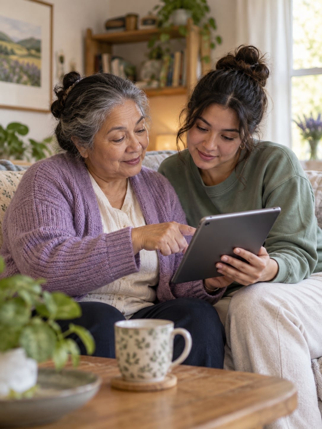 Two people look at a tablet together, one pointing at text on the screen, warm home setting.