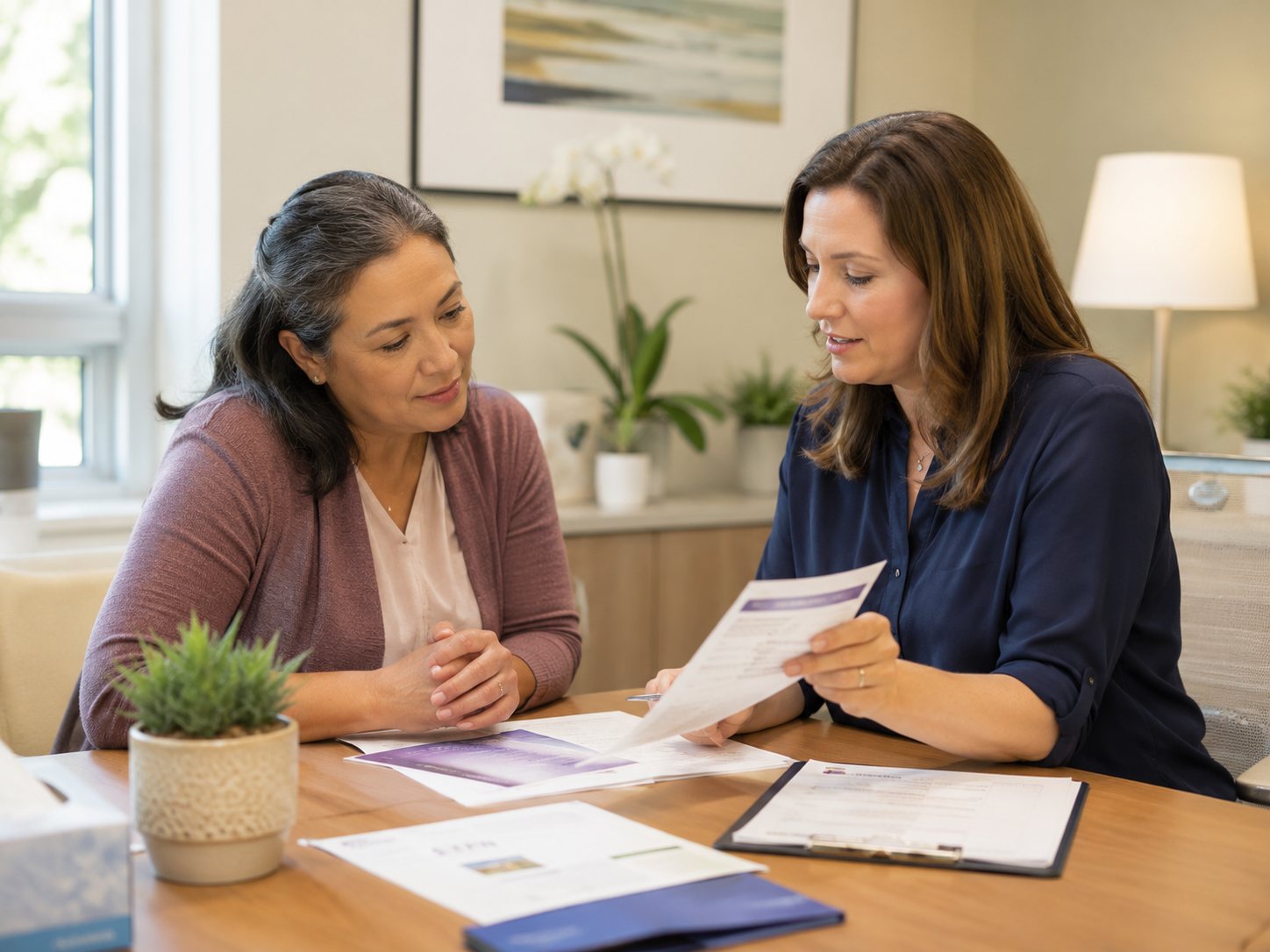 Woman in a blazer explains a printed form to another woman at a table covered with paperwork.