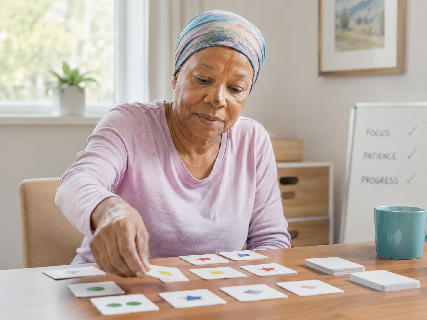 An older woman in a headscarf writes on a form at a kitchen table