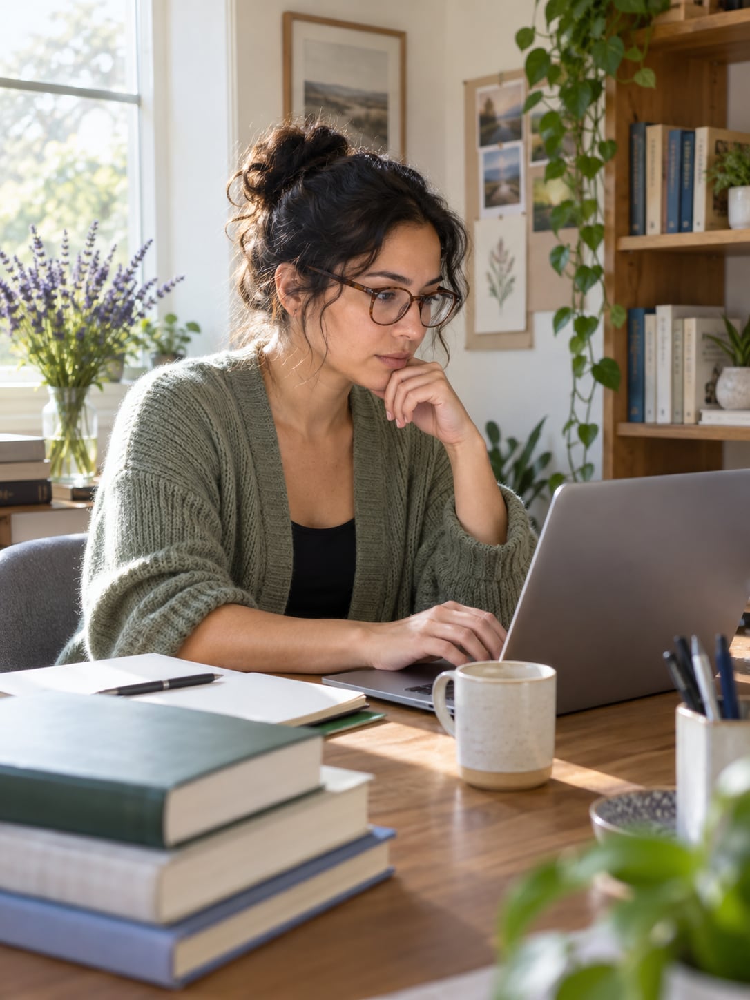 An adult typing at a laptop in a home office with a few reference books stacked nearby.