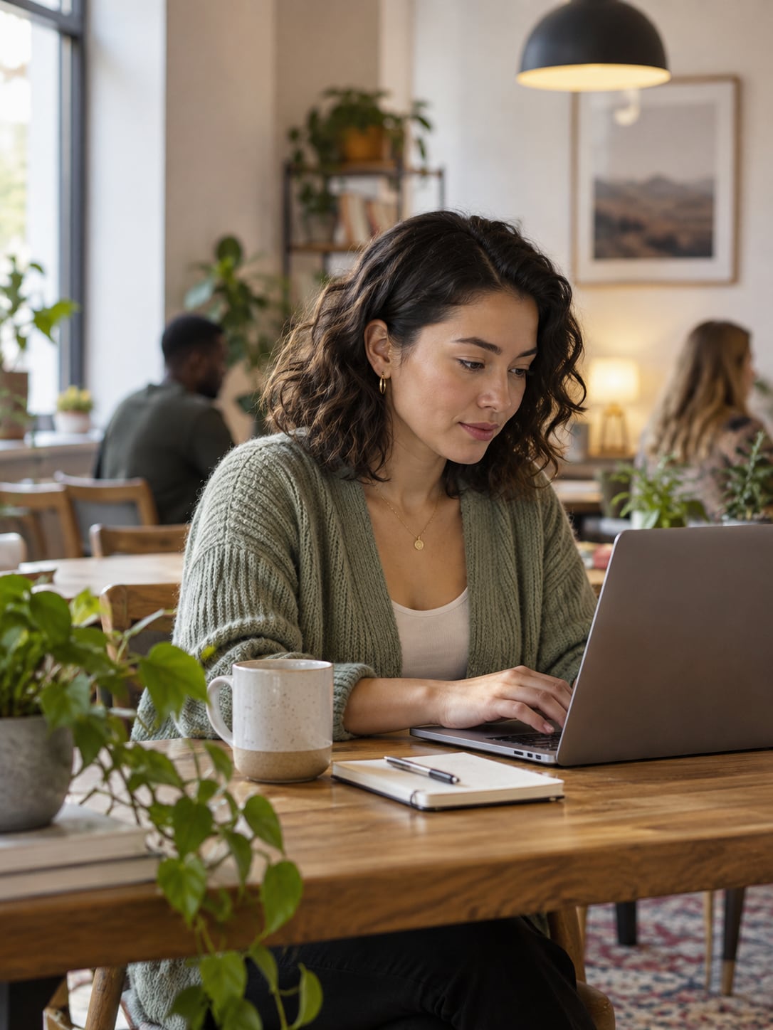 A person works from a laptop at a home office in business-casual attire, plant and coffee nearby.