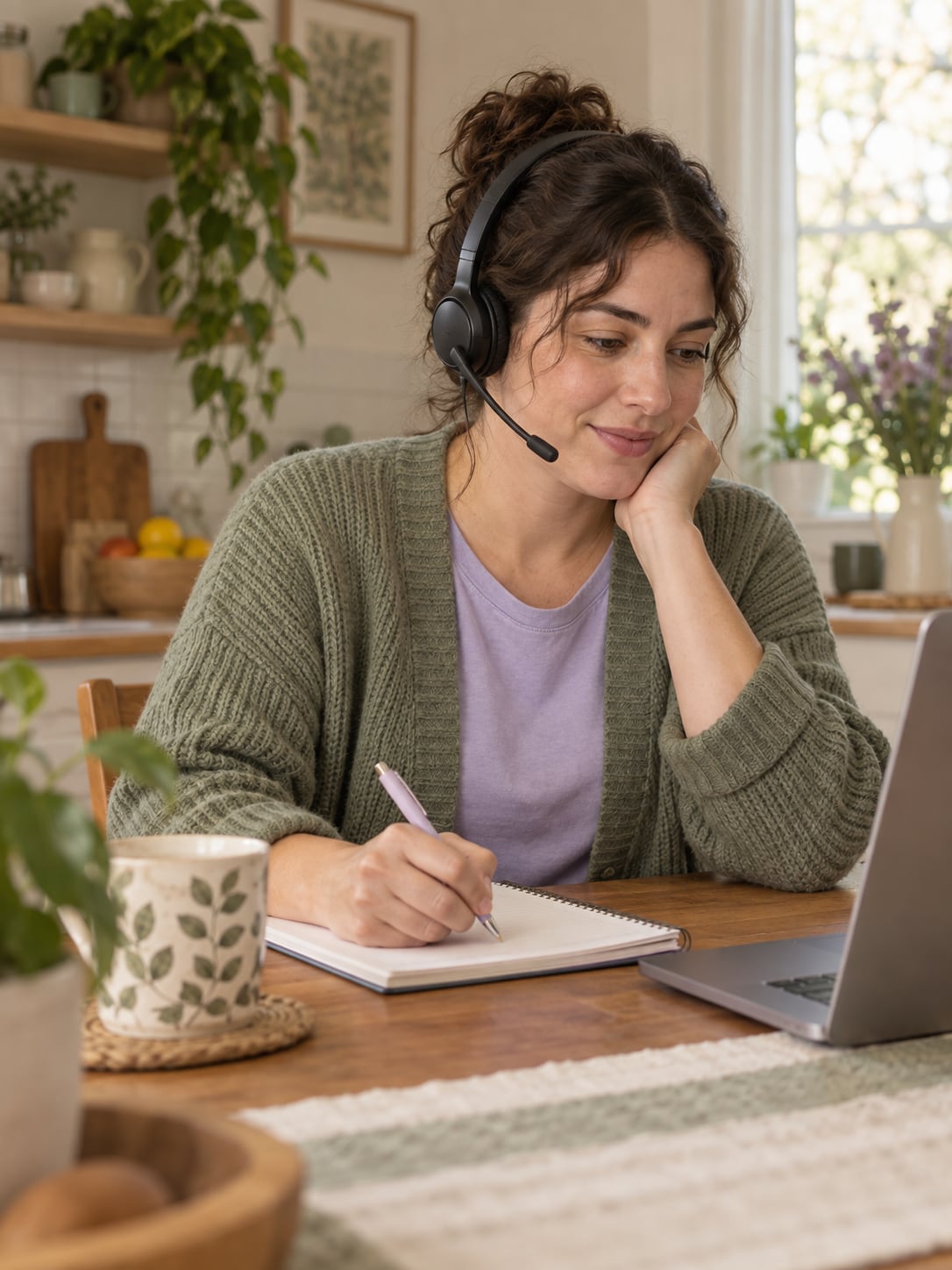 A person sits at a kitchen table wearing a phone headset, taking notes on a notepad.