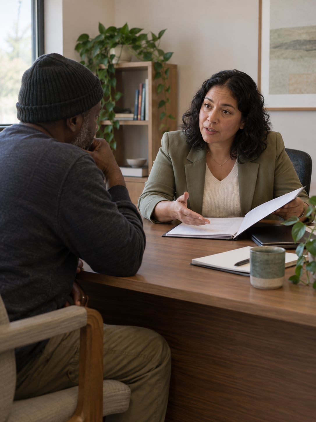 Two people sit across a desk in a plain office setting, one gesturing while explaining a folder of documents.
