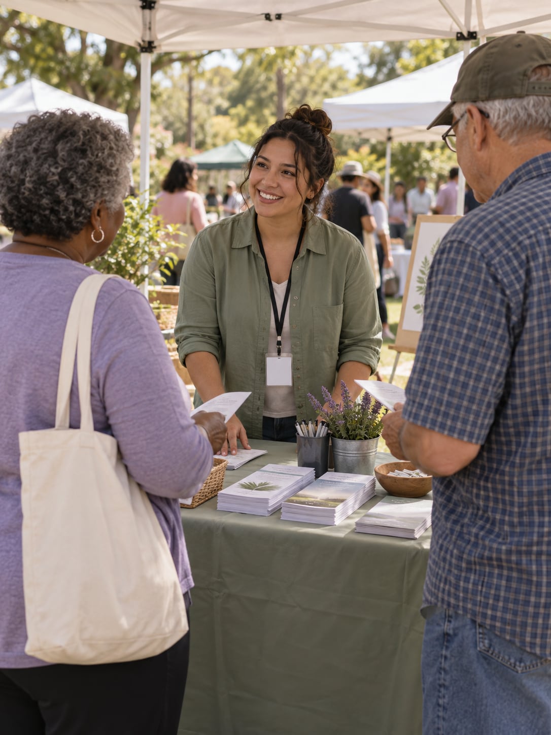 A volunteer greets two visitors at a folding table with pamphlets, outdoors under a tent canopy.