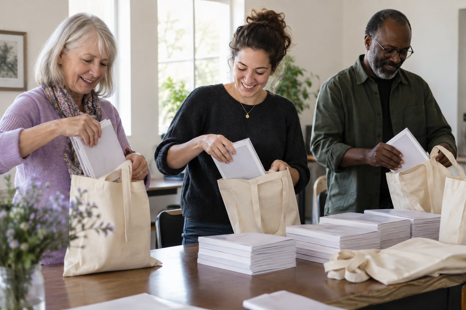 Three adult volunteers smiling while packing booklets into canvas tote bags at a table.