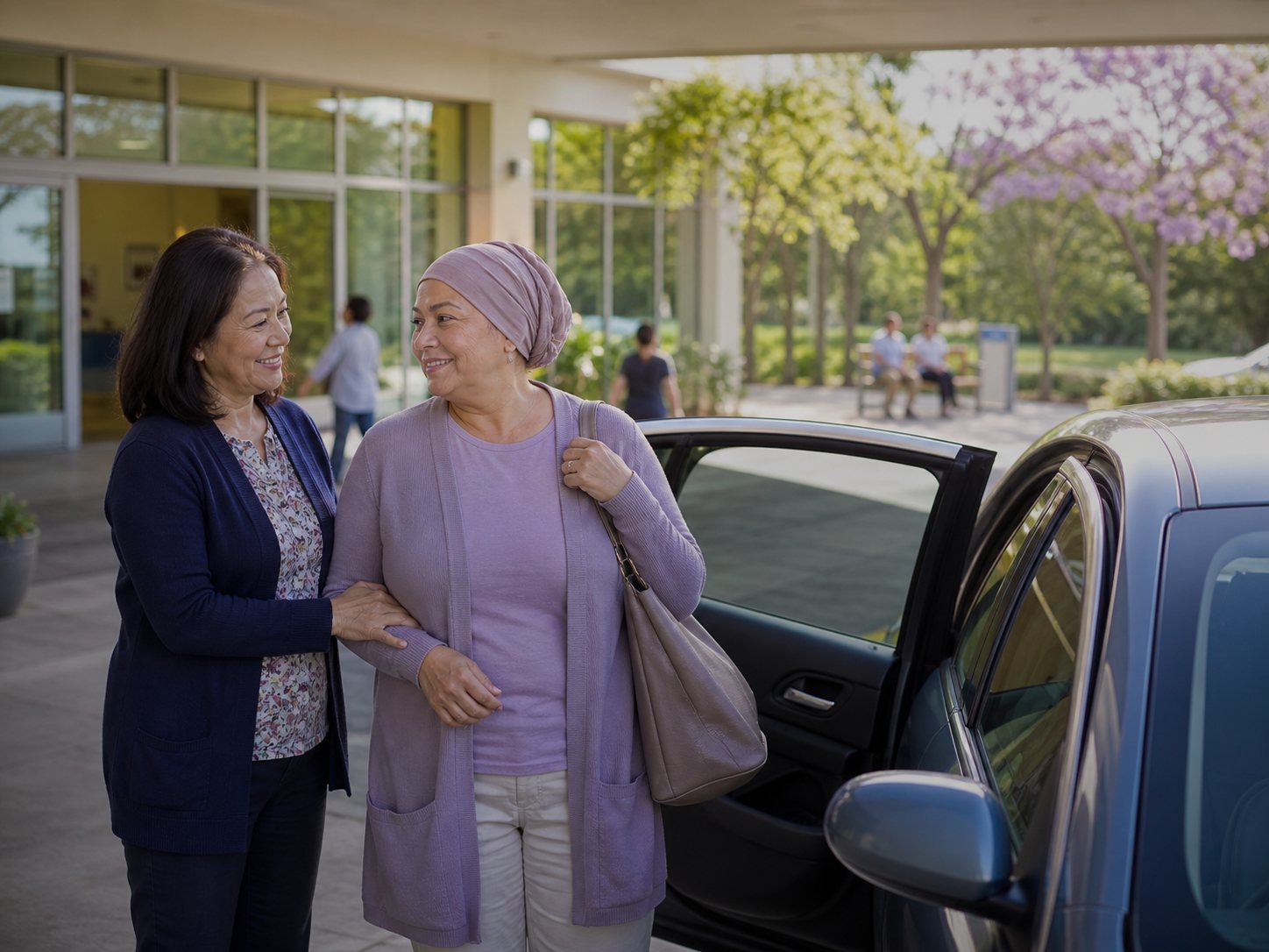 A woman helps another woman wearing a headscarf out of a car at a medical centre entrance.