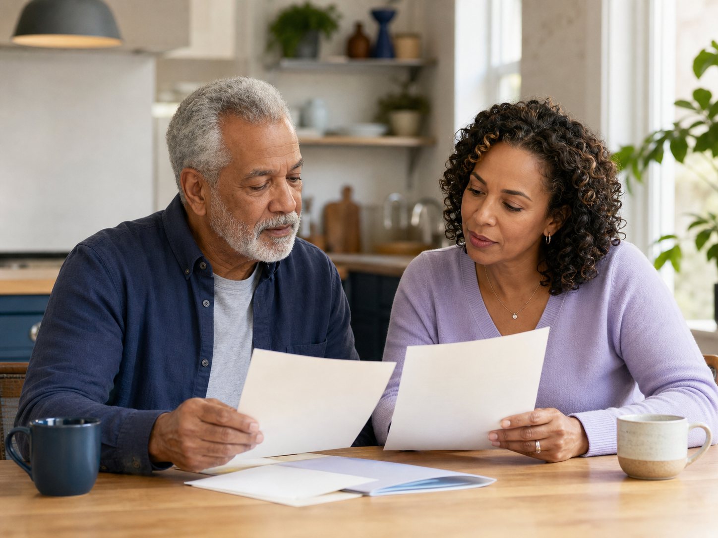 An older man and a family member review blank paperwork together at a kitchen table.