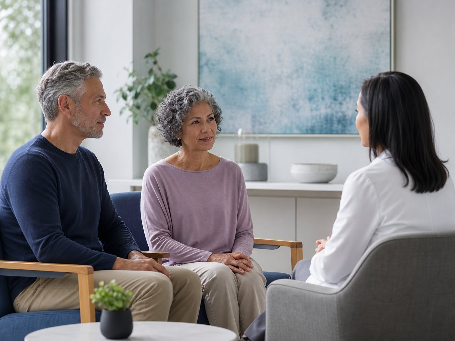 An older couple, fully clothed, talk with a clinician in a private consultation.