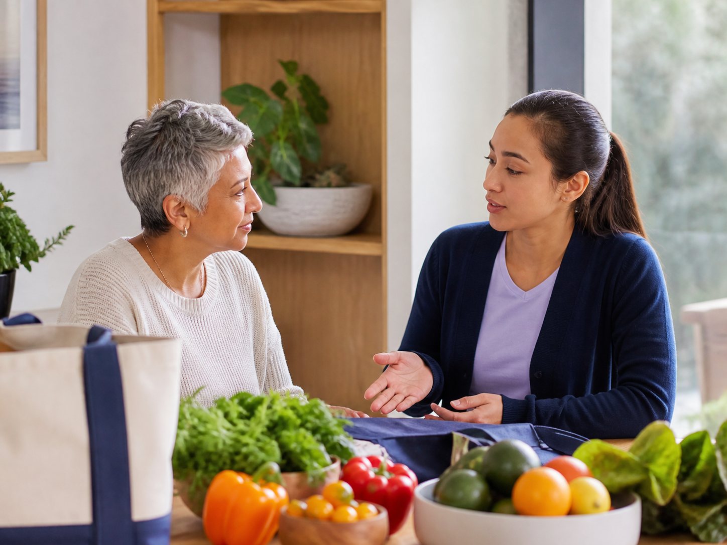 A navigator talks with an older woman over fresh produce and grocery totes.