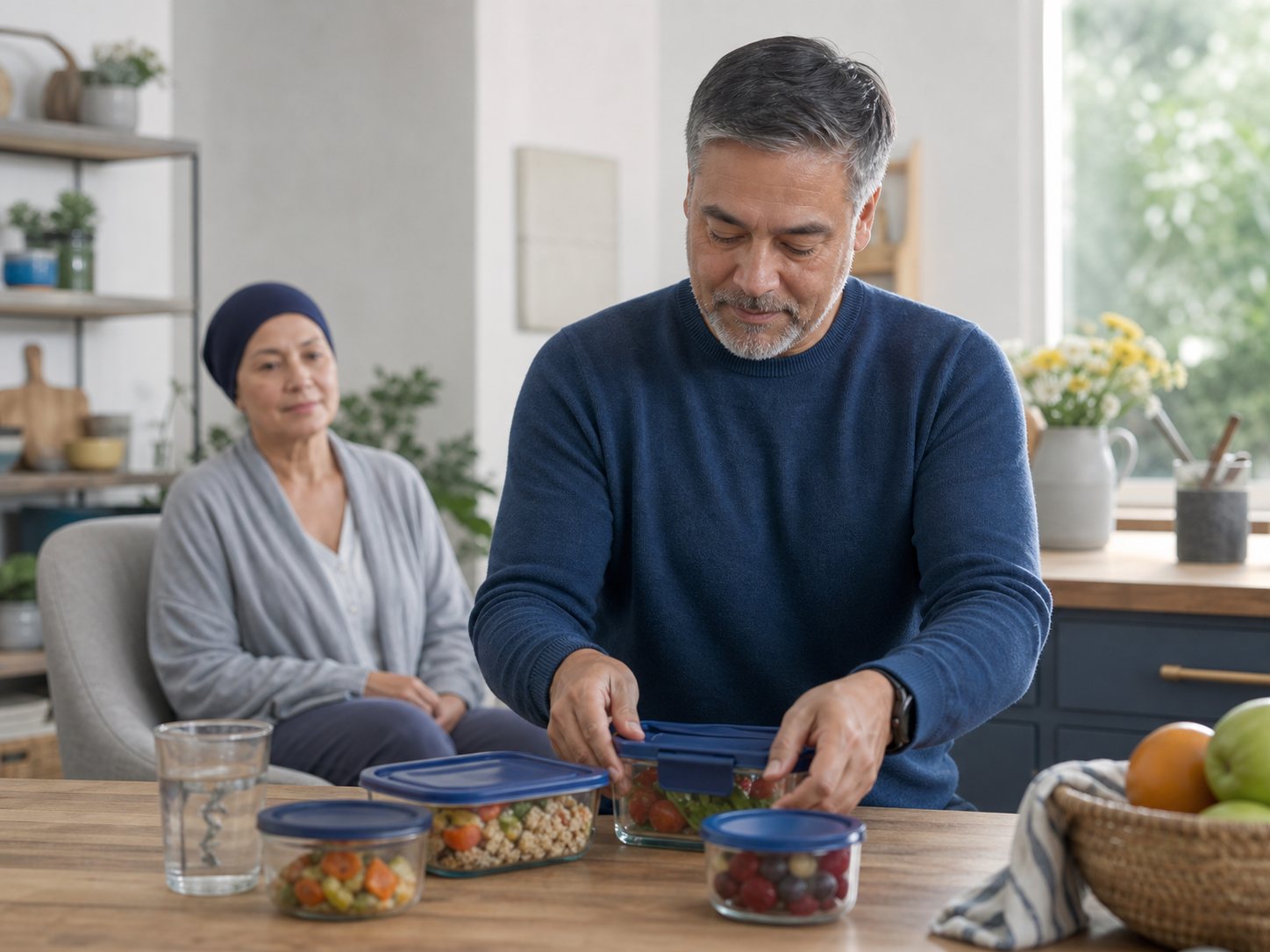 A man seals meal-prep containers in a kitchen while a woman in a headscarf sits nearby.
