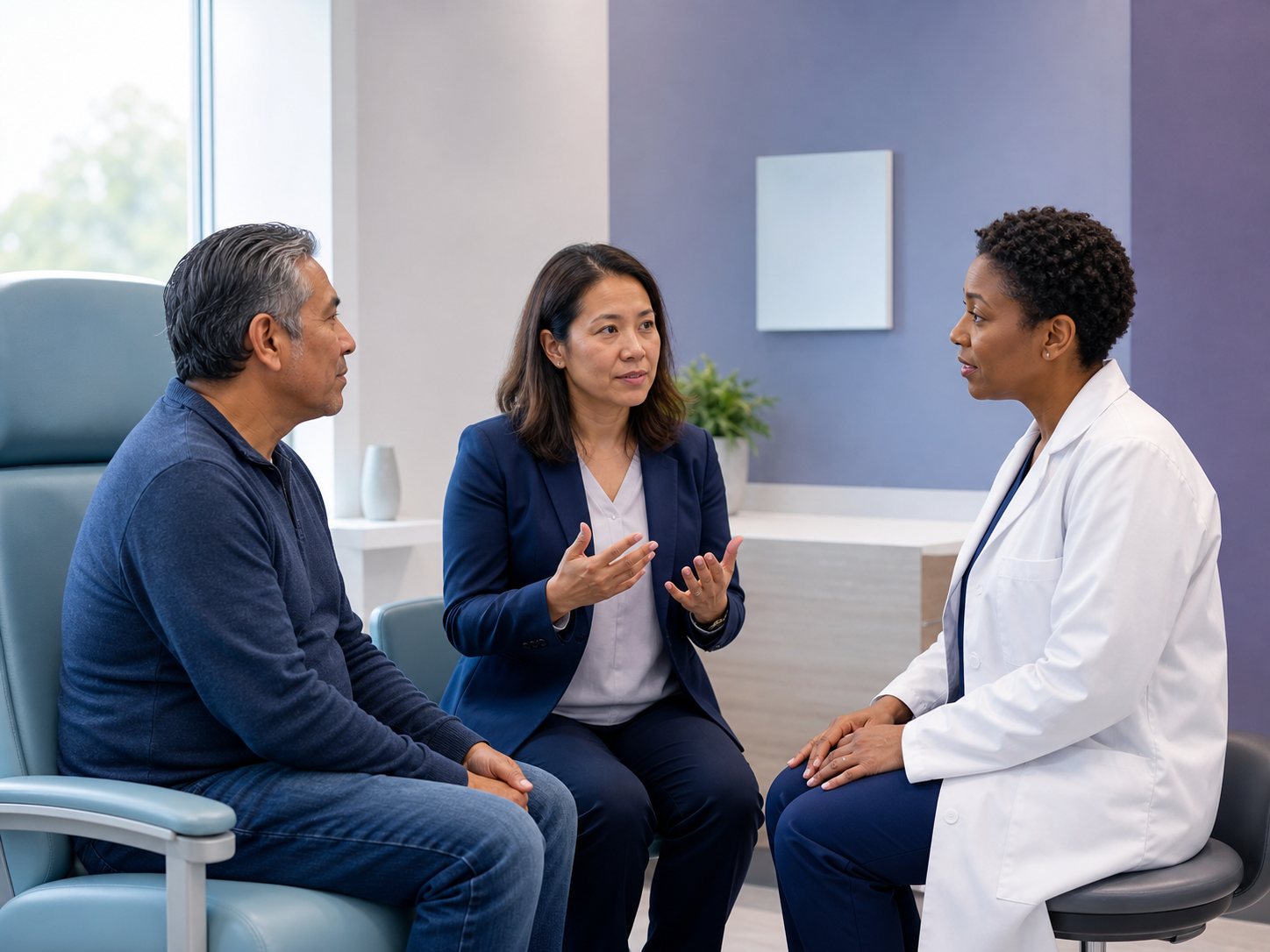 A three-person consultation in which a seated professional interpreter conveys the conversation between a patient and a clinician.
