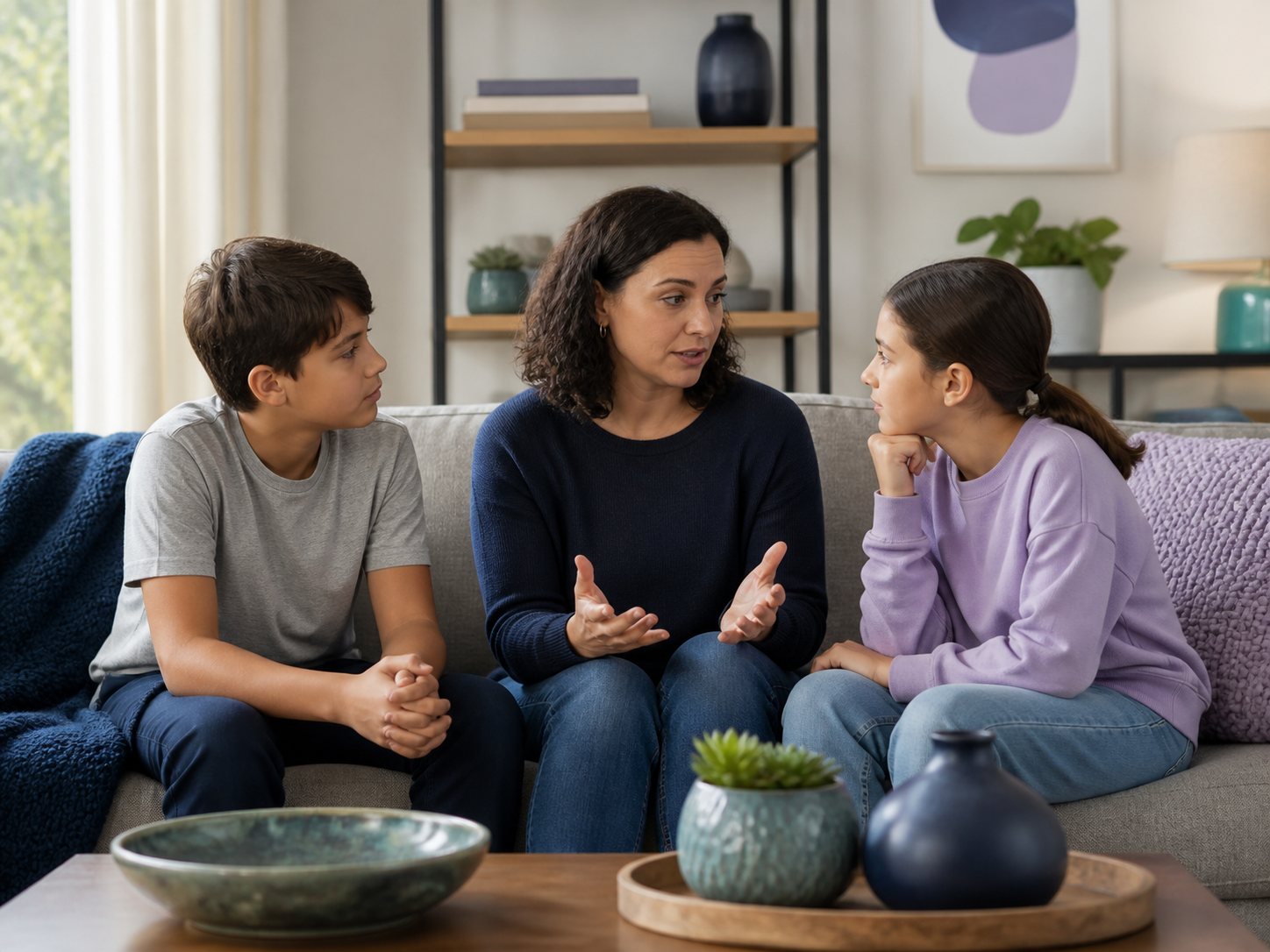 A parent sits on a sofa in a calm living room talking with a boy and a girl.