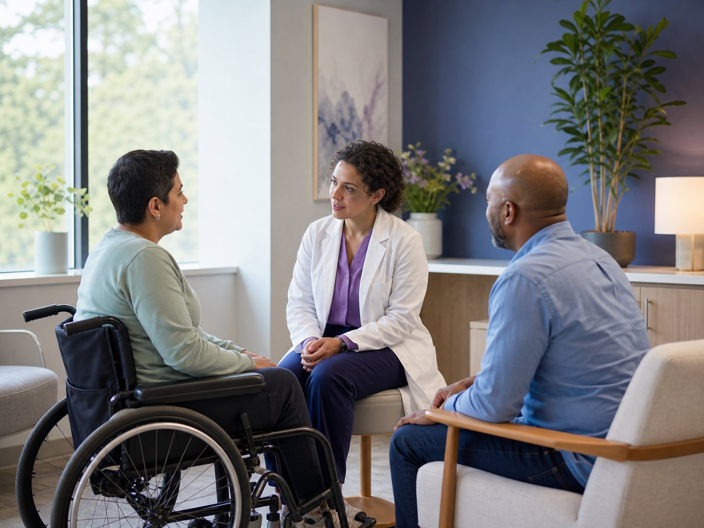 A clinician speaks directly to a wheelchair user while their companion sits back rather than speaking for them.