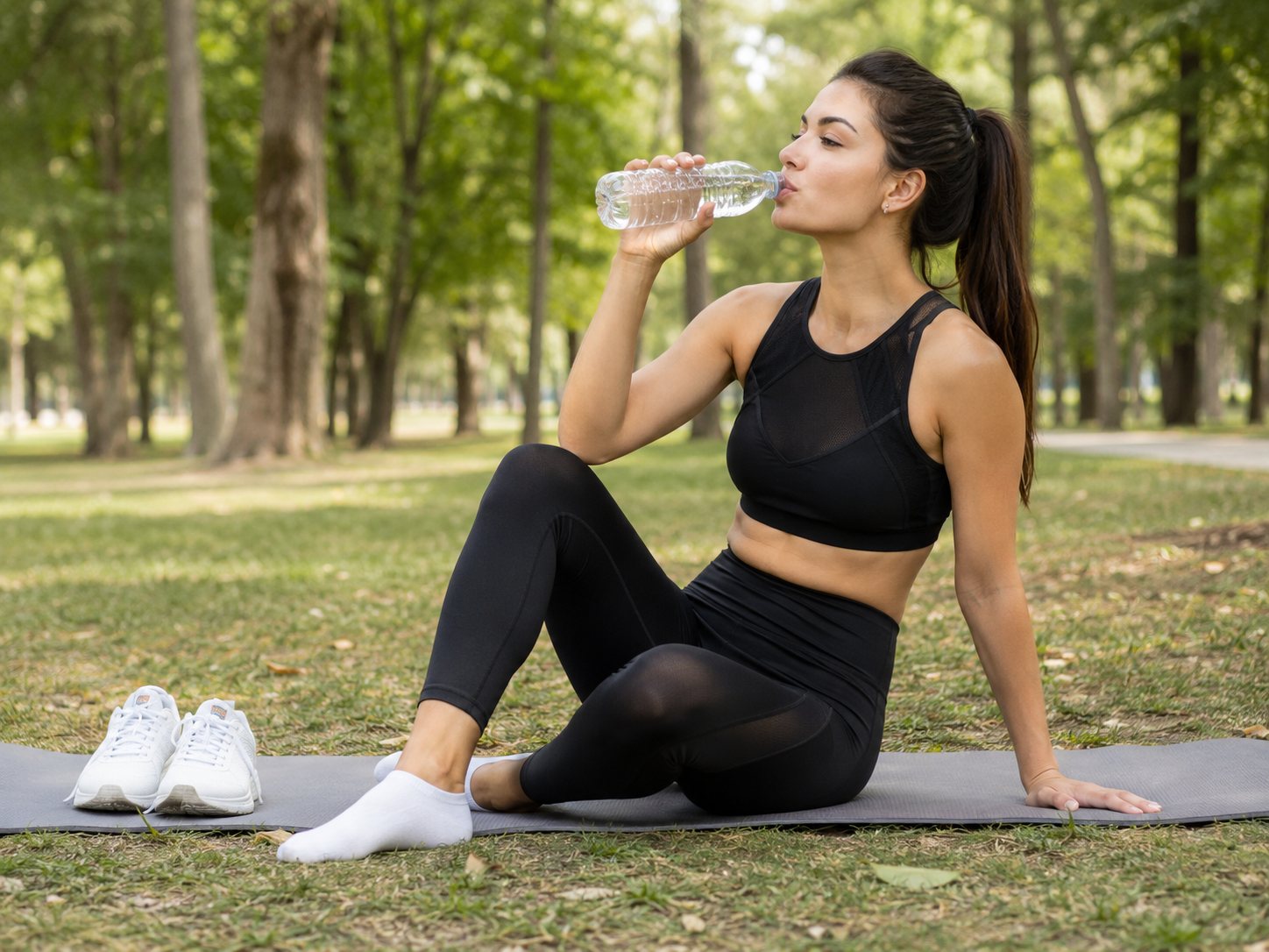 Young woman in black activewear sits on a mat on grass drinking water after exercising outdoors.