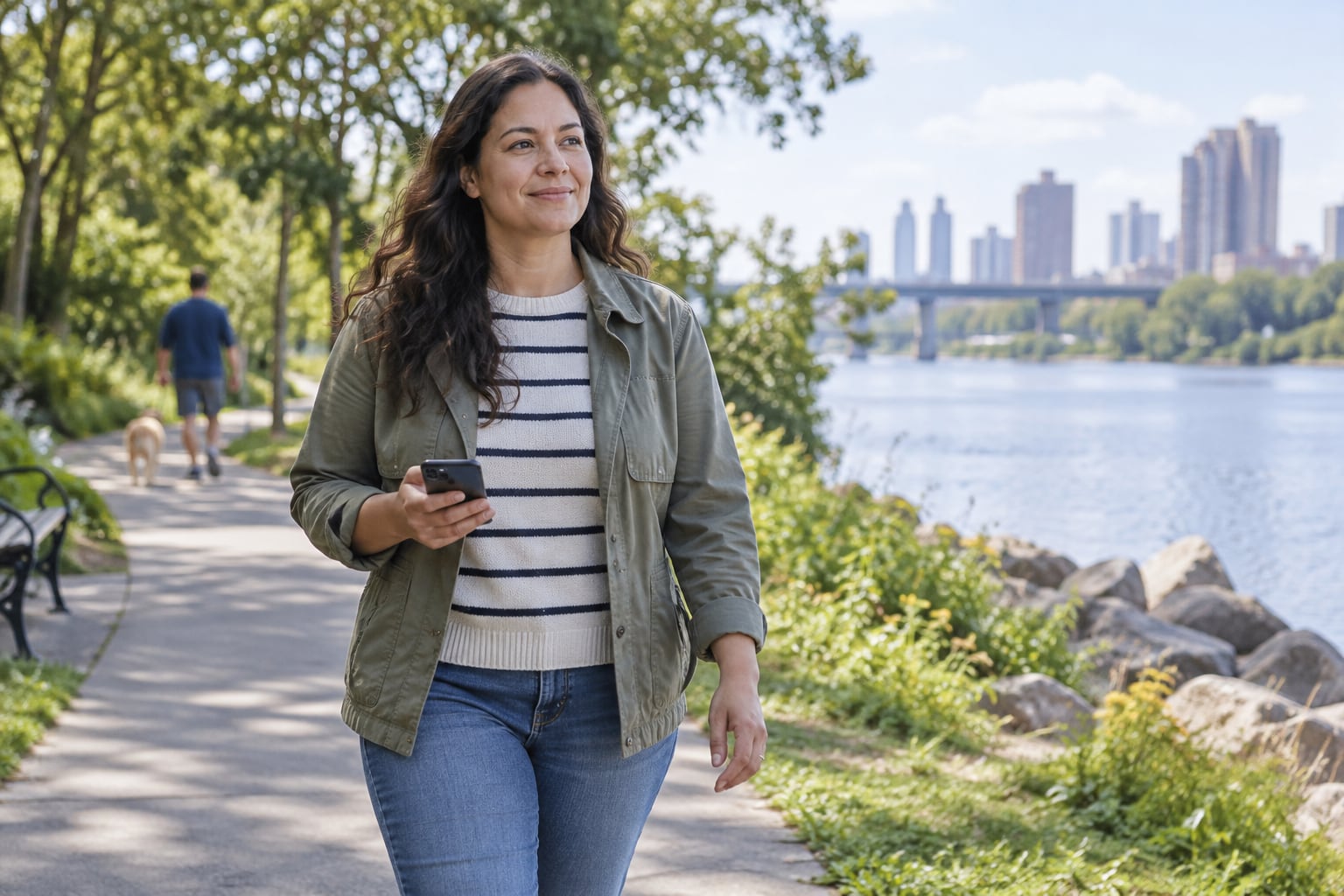 A woman walks along a paved riverside park path holding her phone, with a dog walker and city skyline in the background.