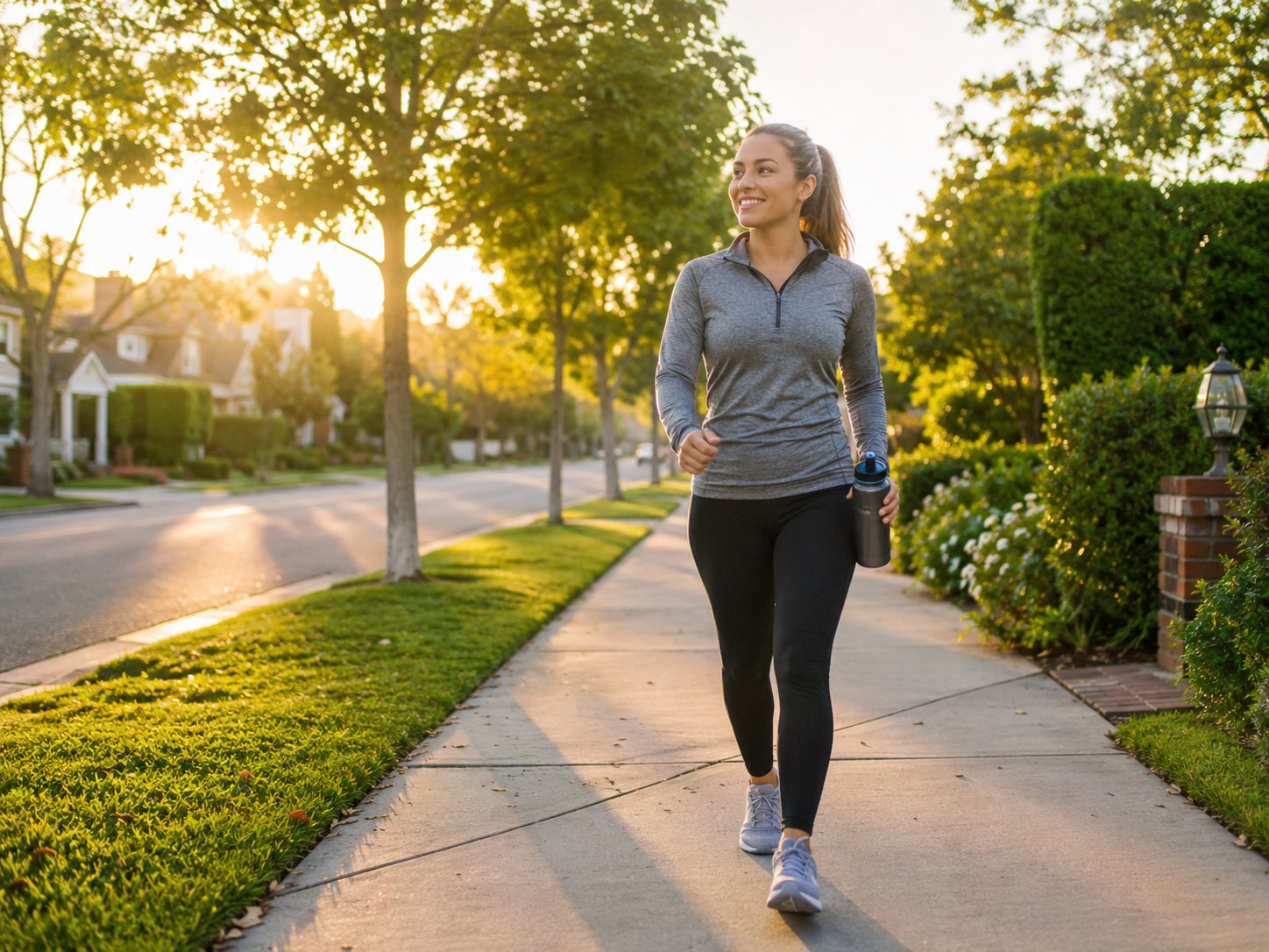 Woman in activewear walks a tree-lined suburban sidewalk carrying a water bottle at golden hour.