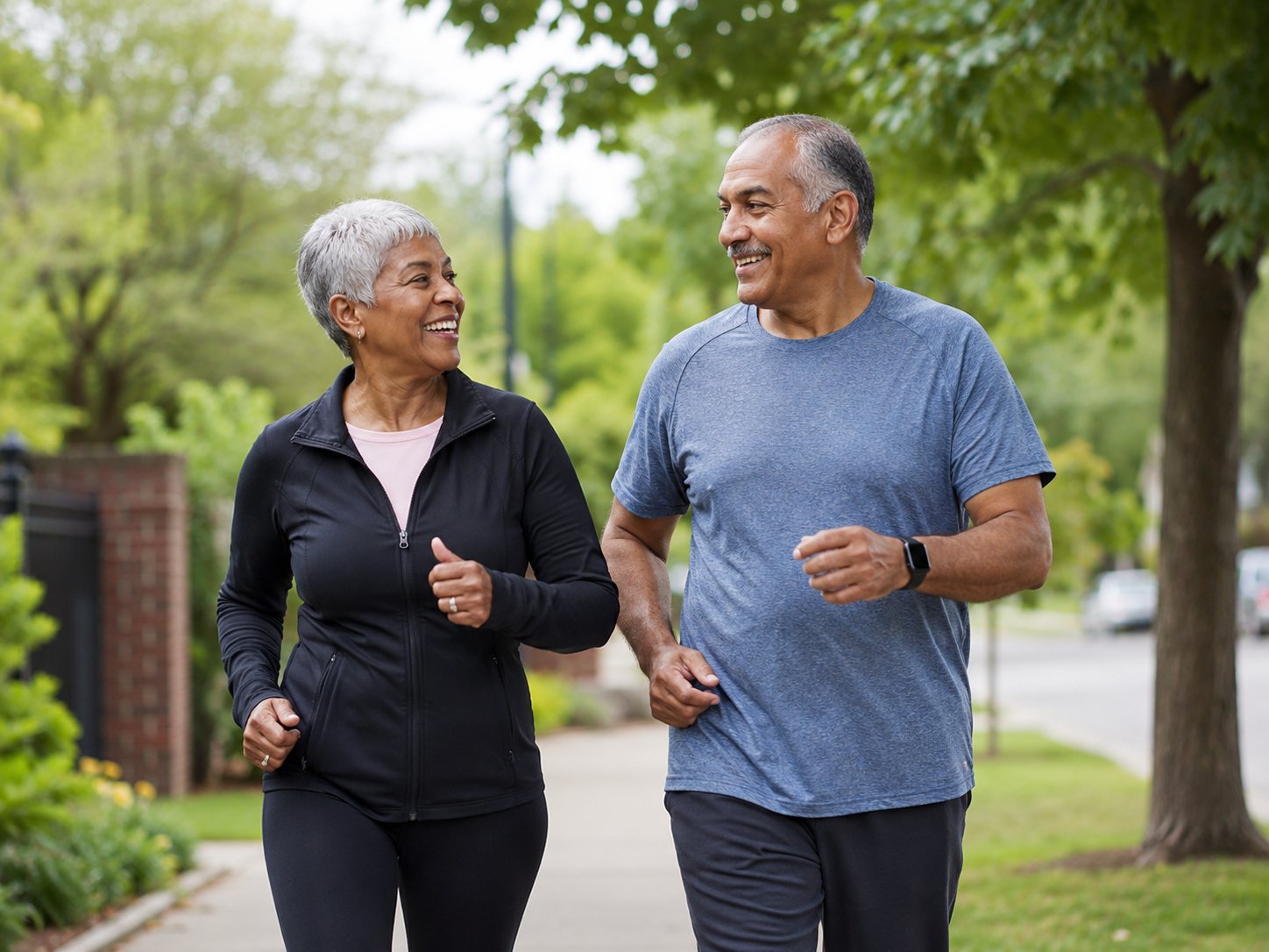 Older couple in athletic clothing walk side by side on a leafy sidewalk, smiling at each other.