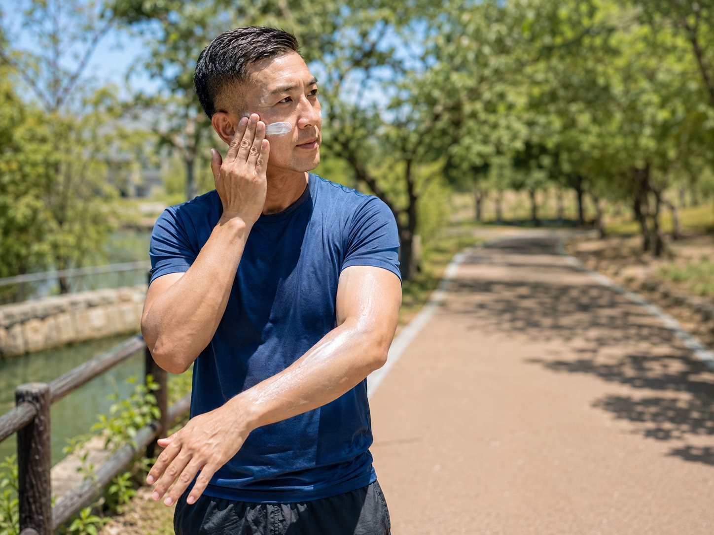 Man in a navy shirt applies sunscreen to his face while standing on a sunlit park path.