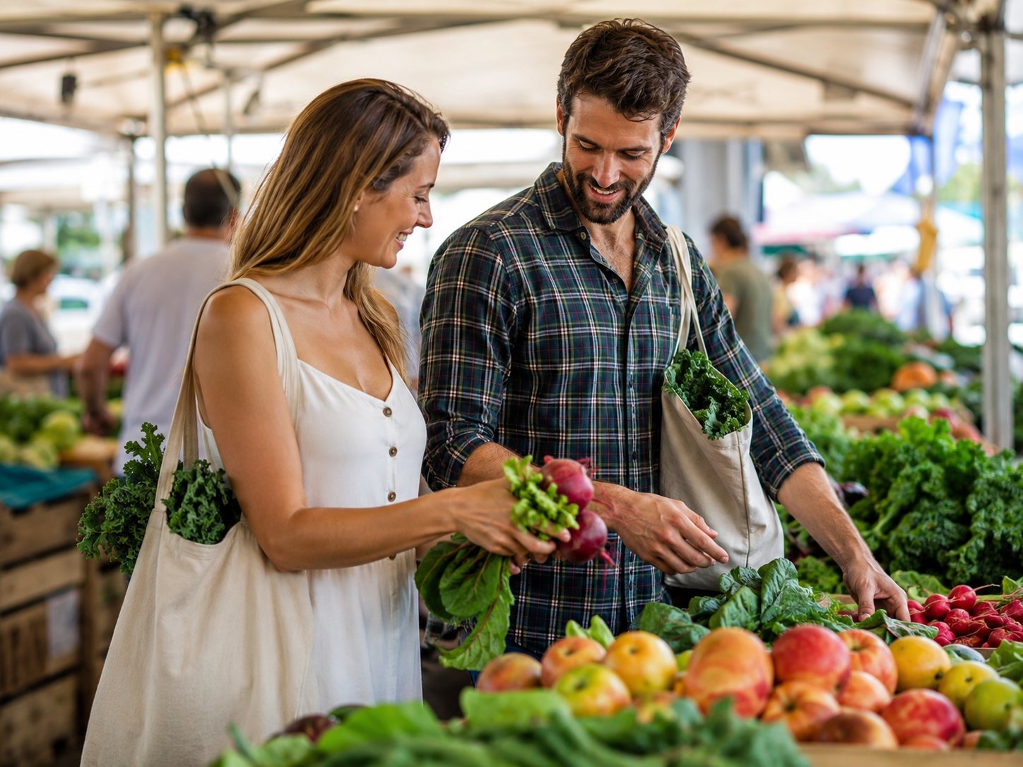 A smiling couple selects leafy greens and fruit at an outdoor farmers market stall with a tote bag.