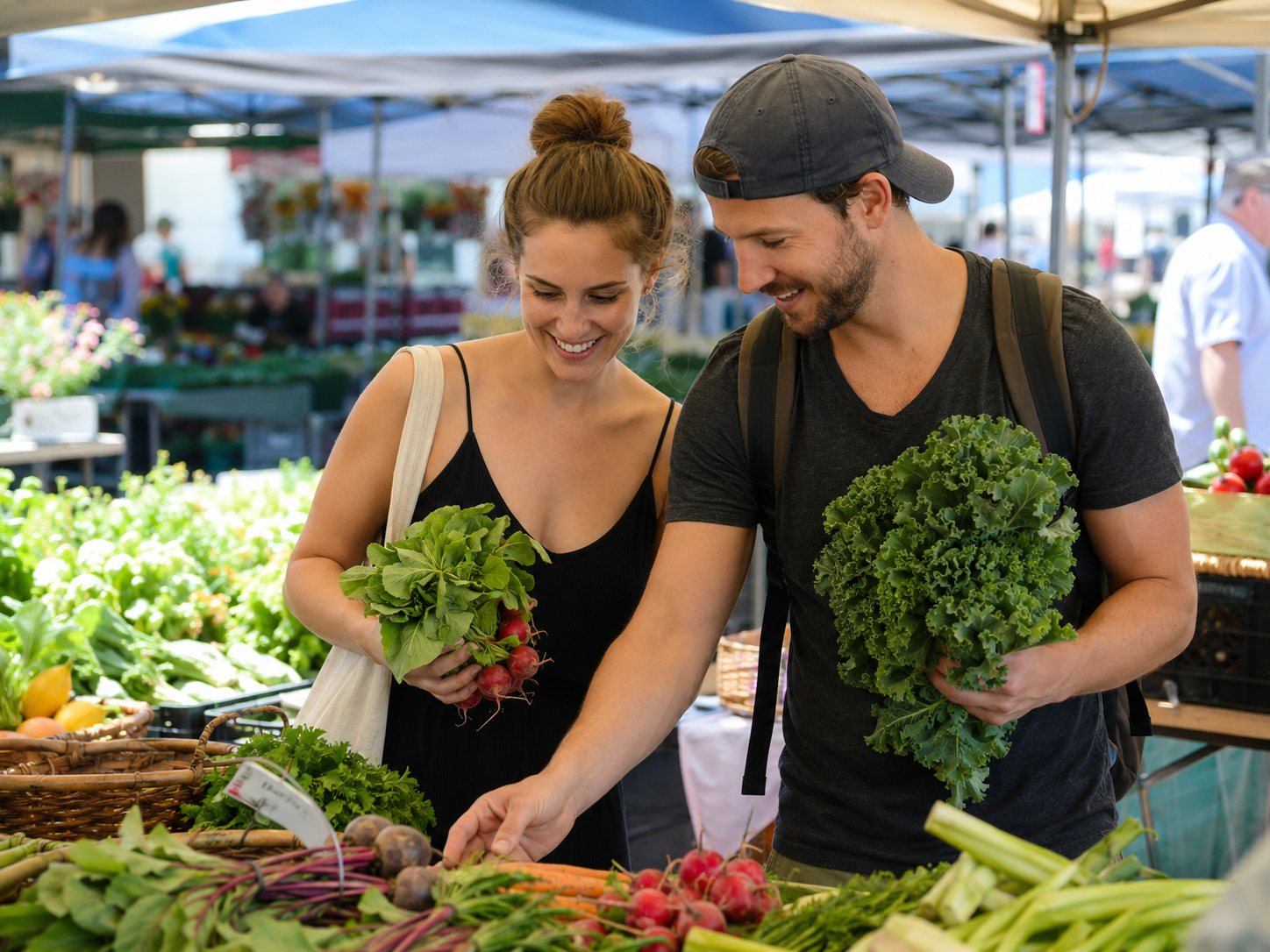 Young couple hold bunches of kale and herbs while browsing vegetables at an outdoor market stall.