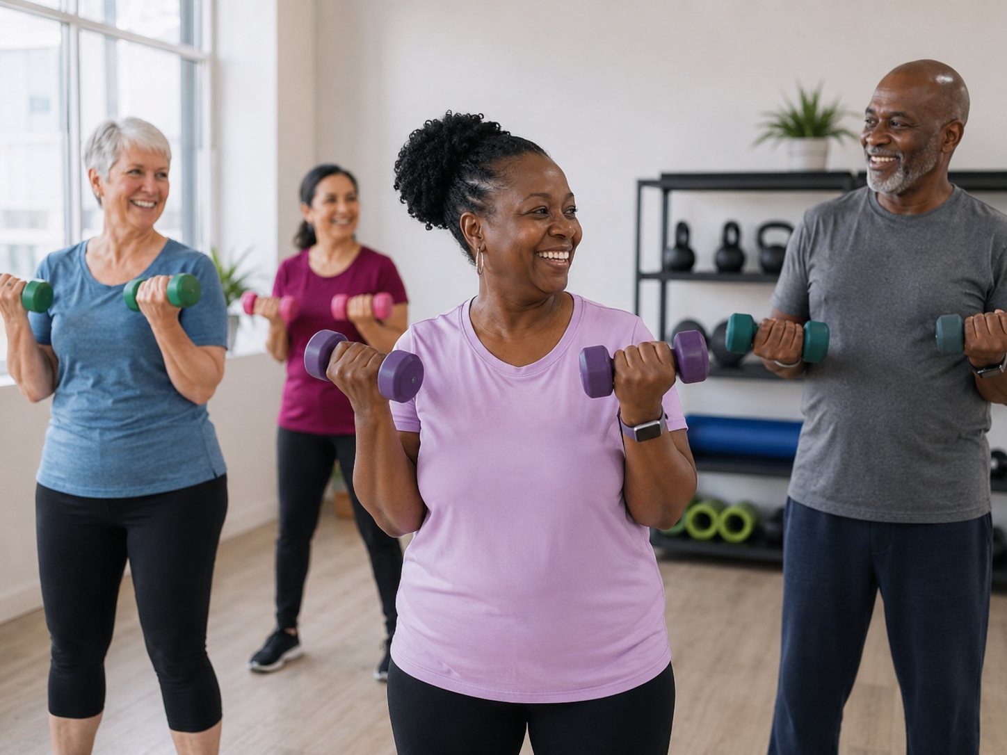 Four smiling adults lift small dumbbells together during a group exercise class in a bright studio.