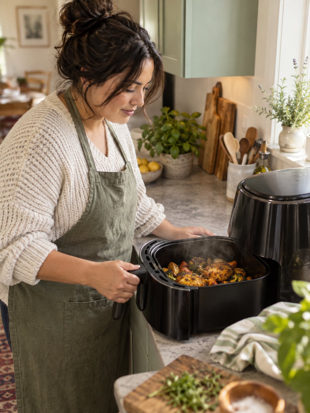 An open air-fryer basket with food inside and gentle steam rising, home kitchen counter.