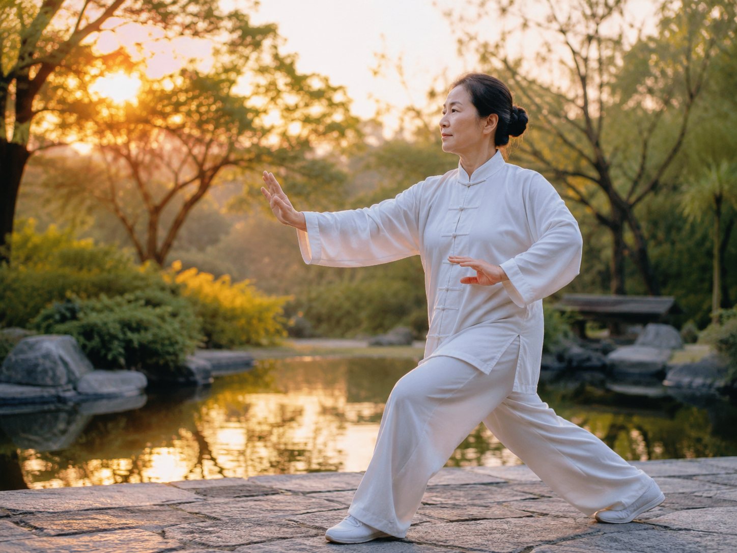 Woman in white practises a tai chi posture on a stone terrace beside a pond at sunrise.