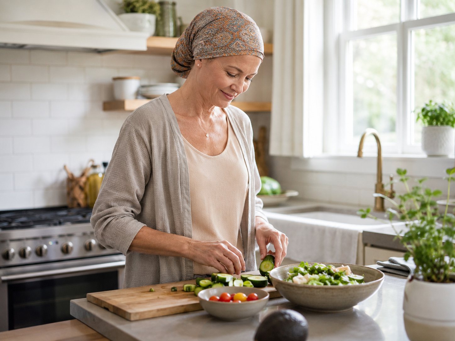Woman in a patterned head scarf chops vegetables for a salad at a sunlit kitchen counter.