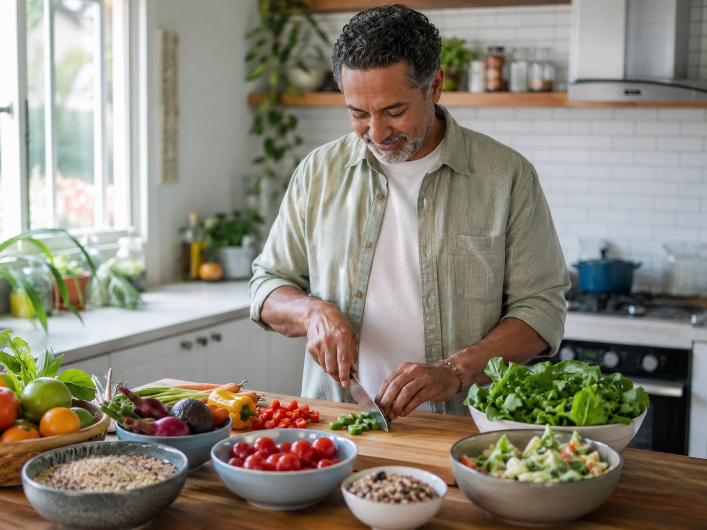 Middle-aged man slices vegetables at a kitchen island surrounded by bowls of grains and fresh produce.