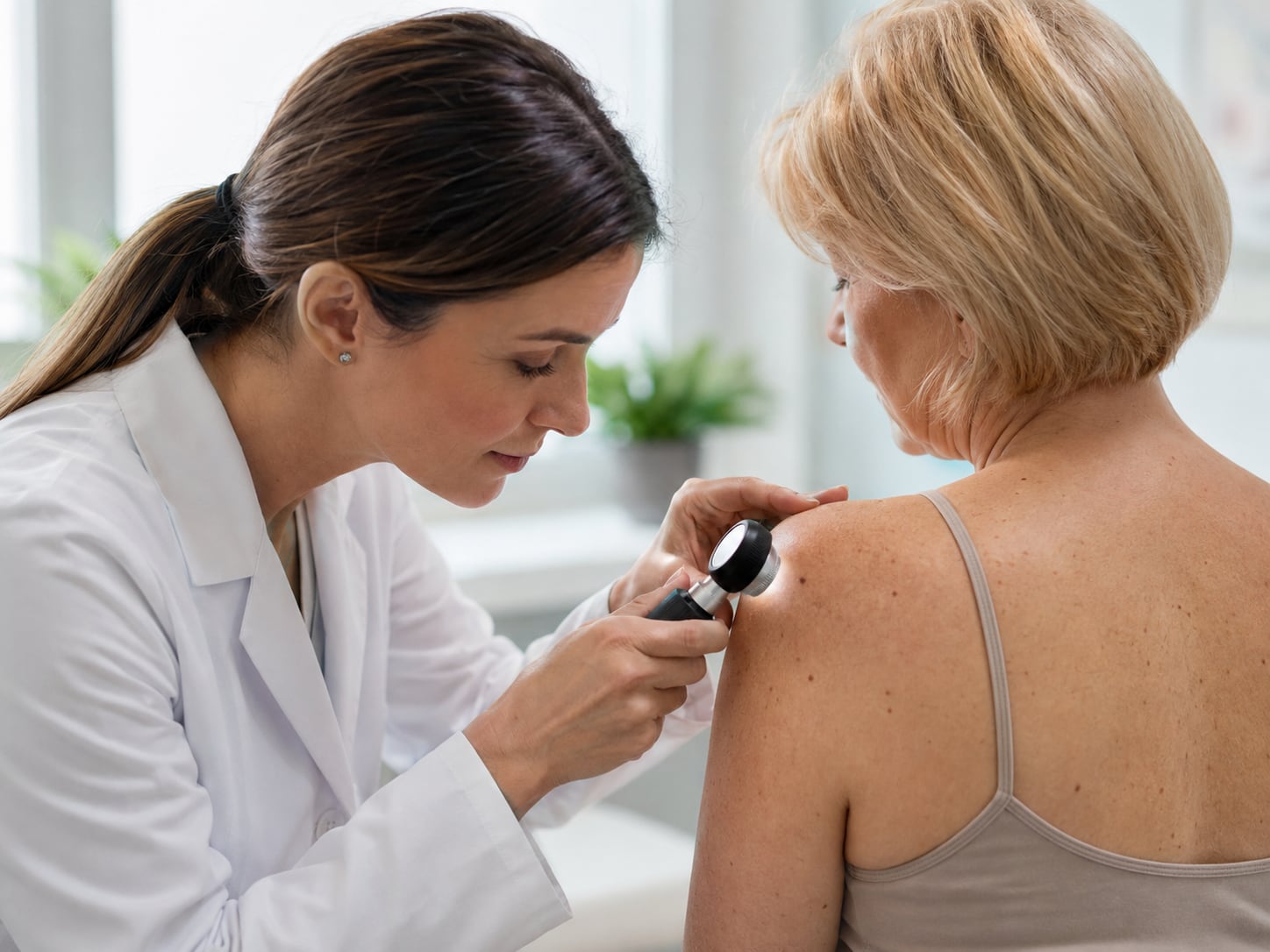 A female doctor examines a mole on a woman's bare shoulder with a dermatoscope
